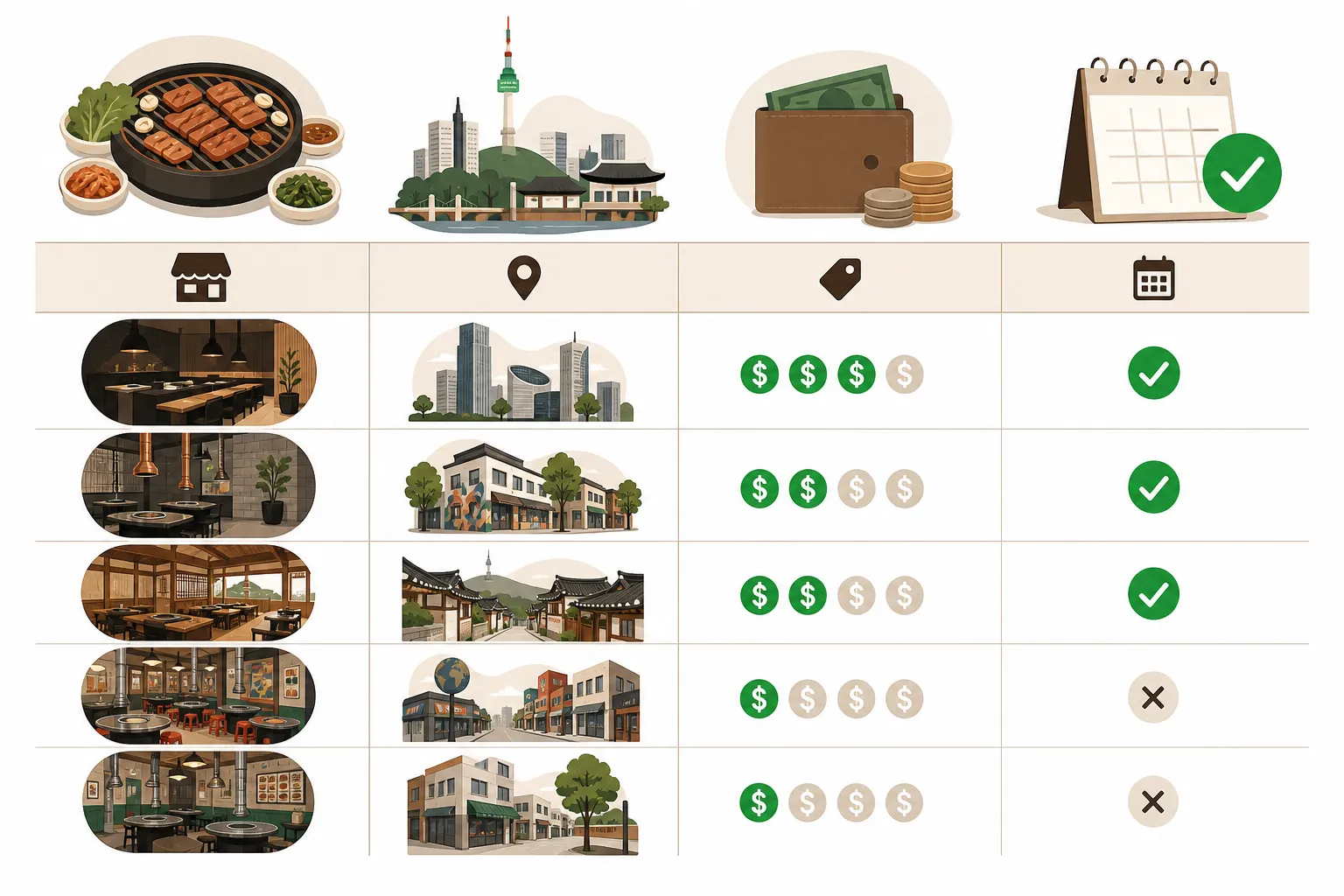 Comparison chart: Comparing Seoul's Korean BBQ options by neighborhood, price tier, and booking style