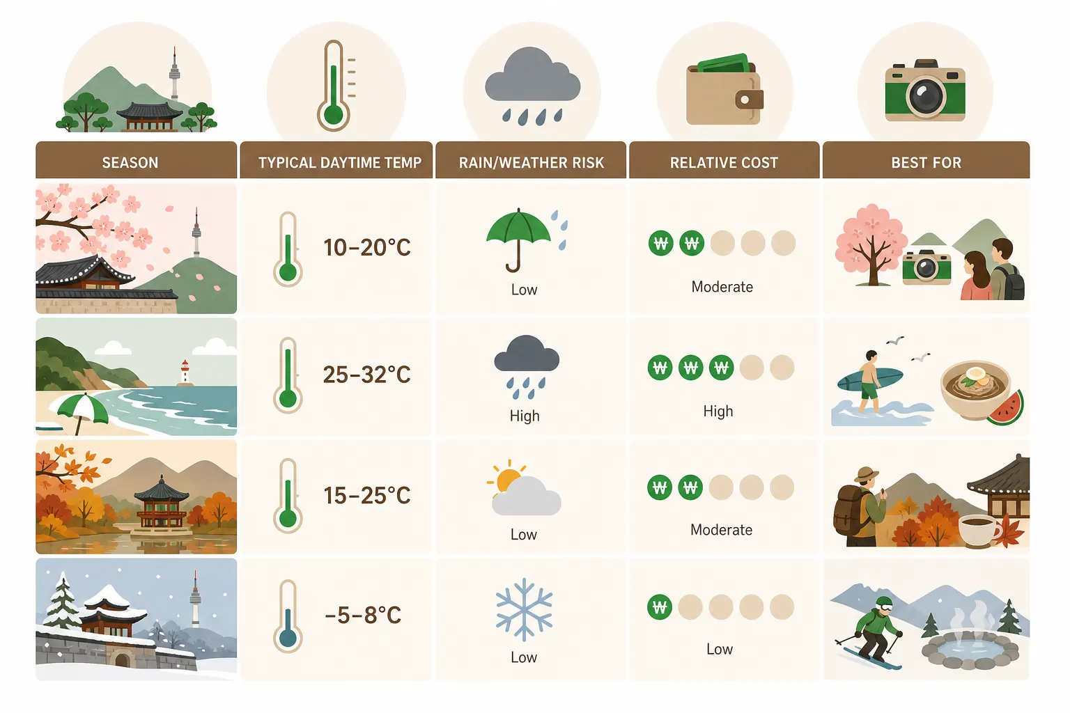 Comparison chart: Comparing Korea's travel seasons at a glance