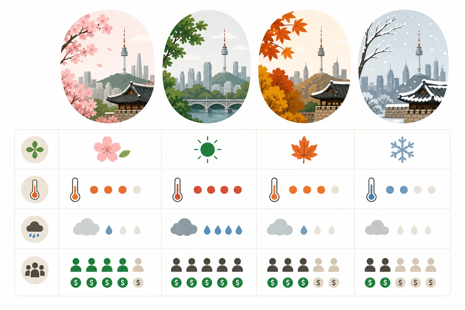Comparison chart: Seoul's four seasons compared by temperature, rain, and crowd cost