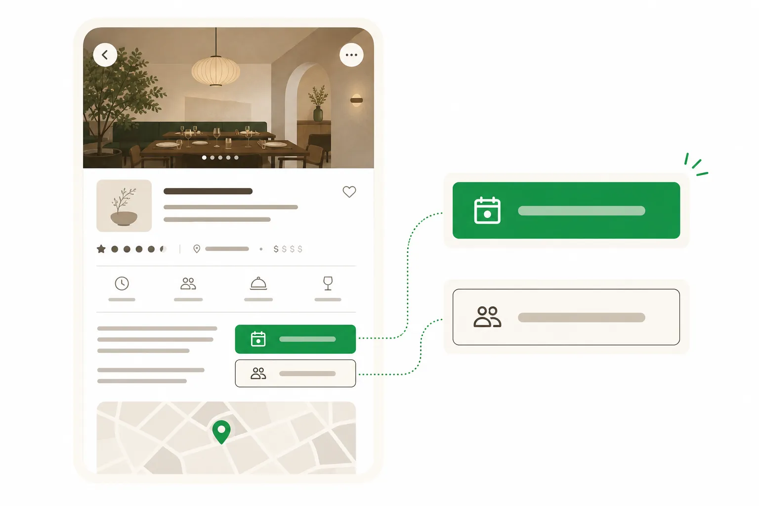 Diagram: Restaurant detail page in CatchTable Global showing the Reserve and Join Remote Waitlist buttons.