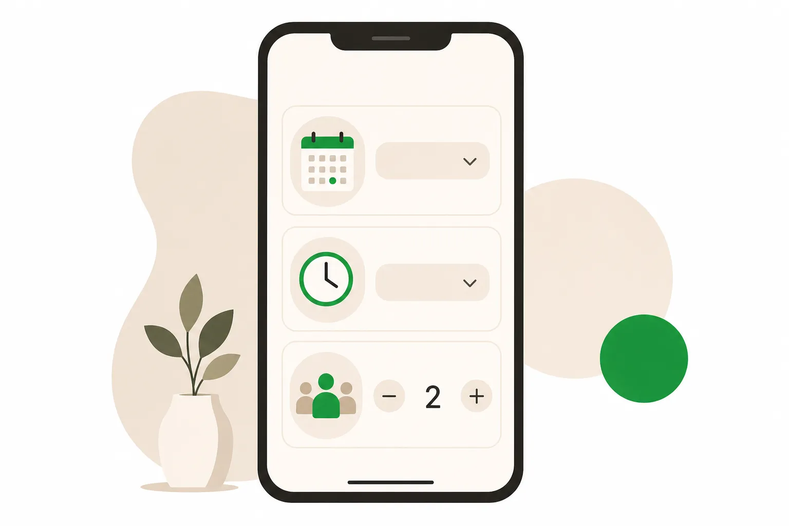 Diagram: App screen showing date, time, and party size selection fields.