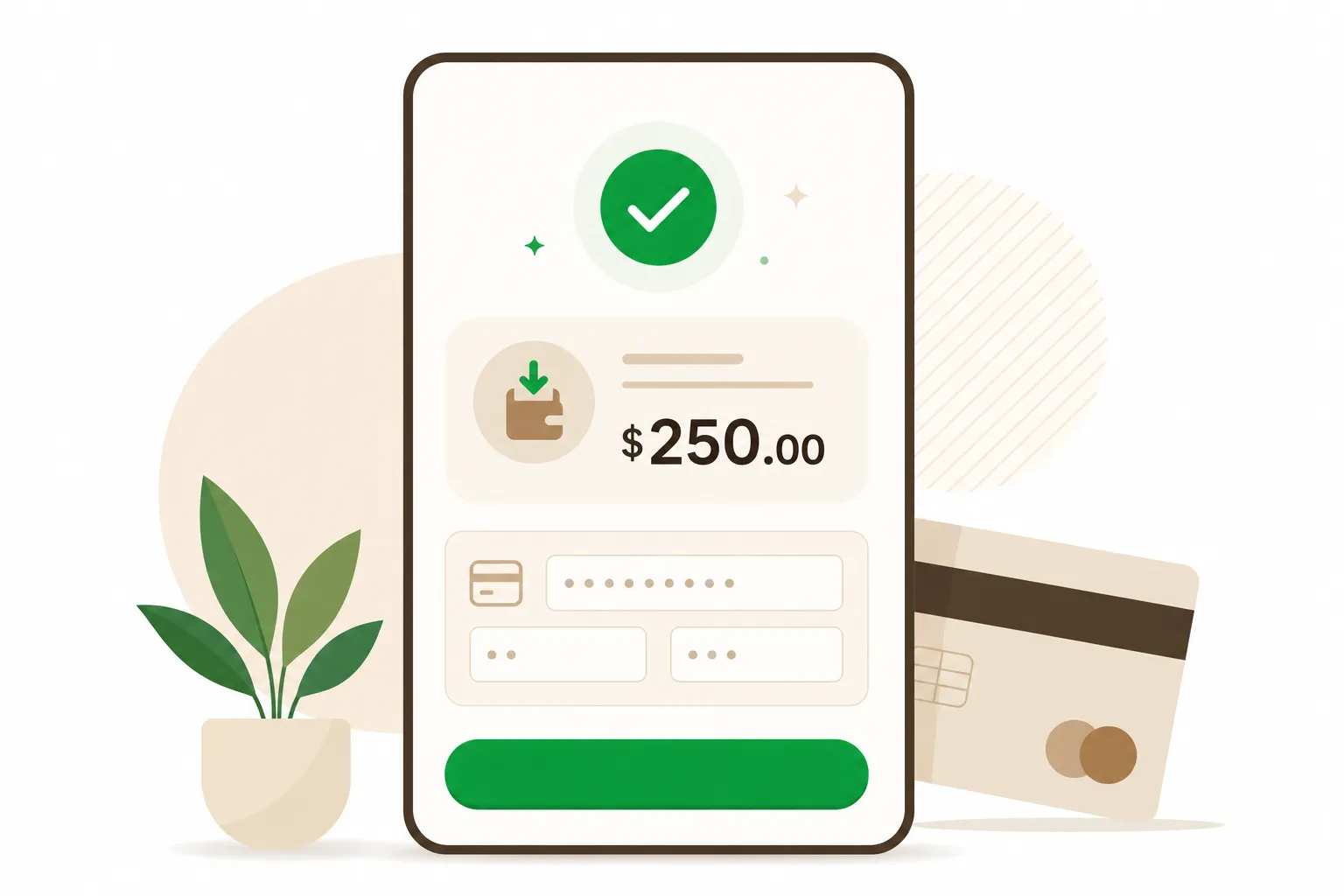 Diagram: Payment confirmation screen showing deposit amount and card entry field.