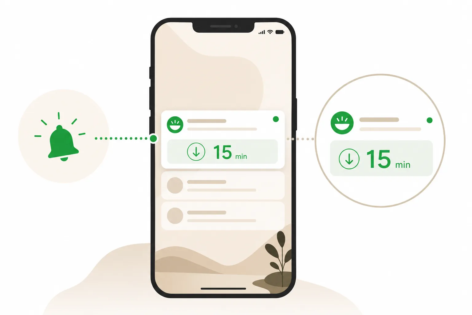 Diagram: Phone notification screen showing a CatchTable wait-time update.