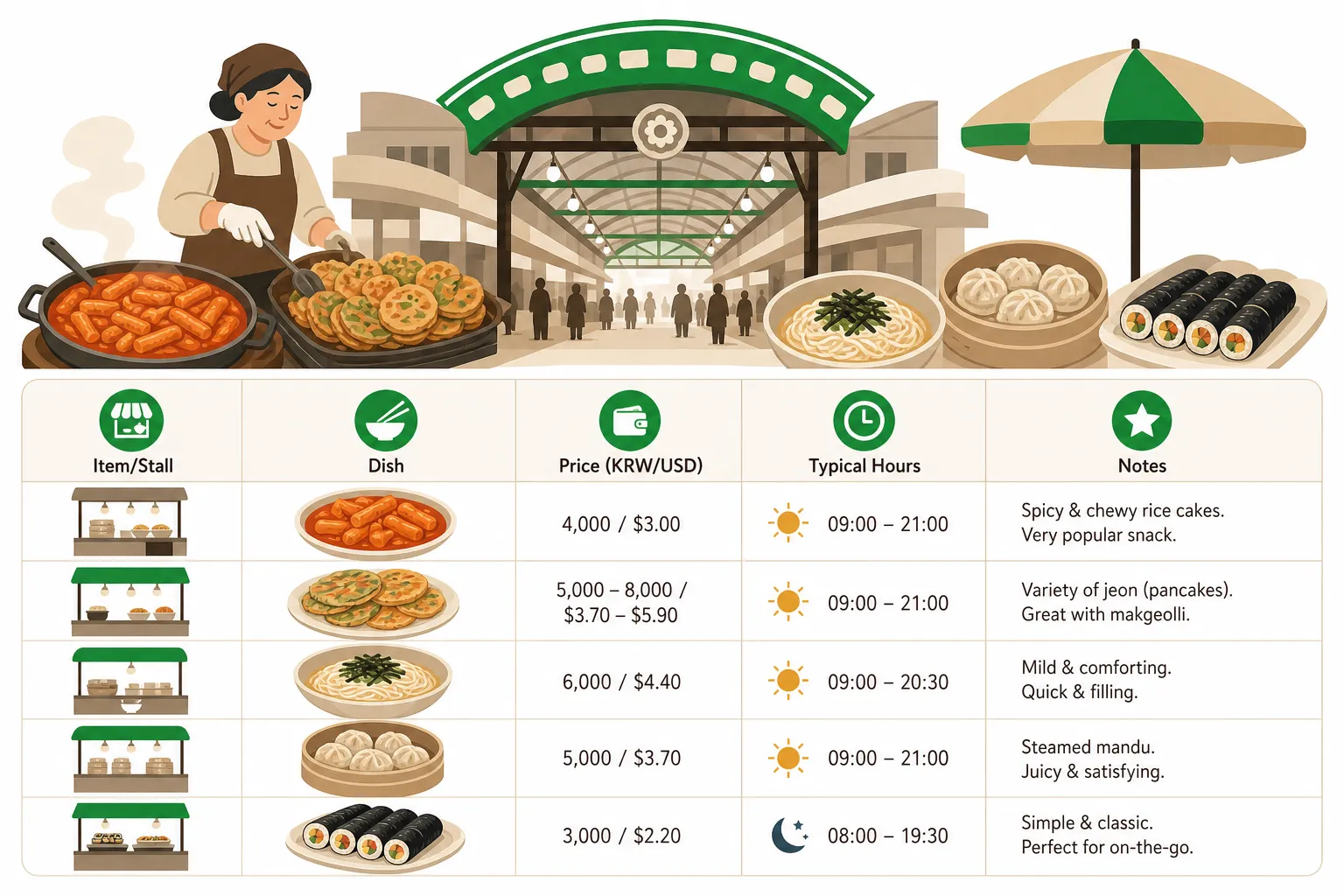 Infographic: Gwangjang Market street food: hours, stalls, and prices
