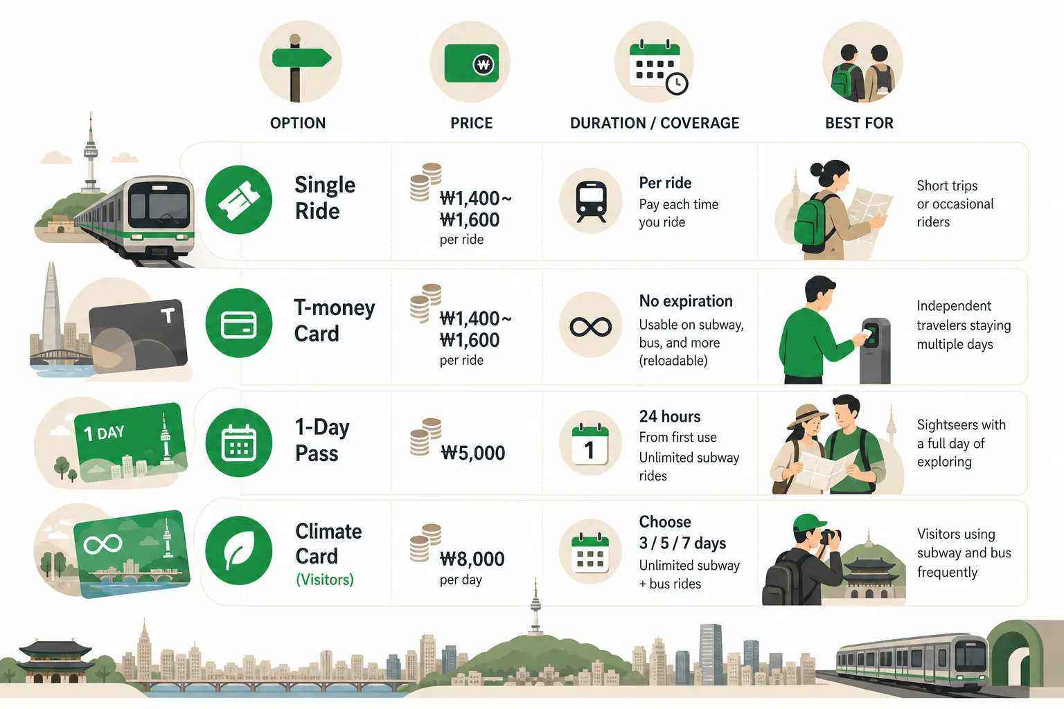 Infographic: Seoul subway fares and passes for visitors (2025-2026)